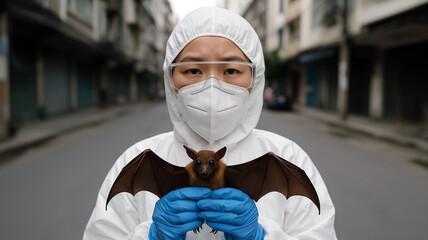 Conceptual Image of Person in Hazmat Suit Holding Bat. Symbol of Zoonotic Virus Origin and Pandemic Awareness in Urban Settings