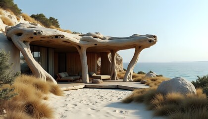 Coastal Retreat: Organic Wood Structure Overlooking the Sea