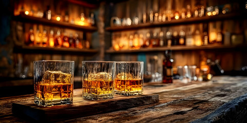 A cozy bar scene featuring three glasses of whiskey on a rustic wooden table, illuminated by warm ambient lighting.