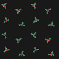  Seamless Christmas pattern featuring watercolor holly leaves and red berries on a deep black background. Elegant festive design perfect for wrapping paper, textiles, and seasonal decor.