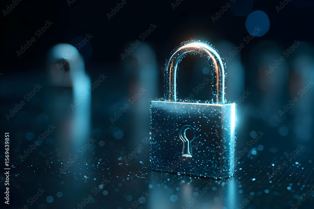 Poster a glowing lock representing security and protection in the digital age, surrounded by abstract shape