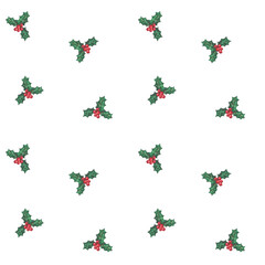  Festive seamless pattern with hand-painted holly leaves and red berries on a clean white background. Bright and cheerful design ideal for Christmas wrapping, cards, or seasonal fabrics.