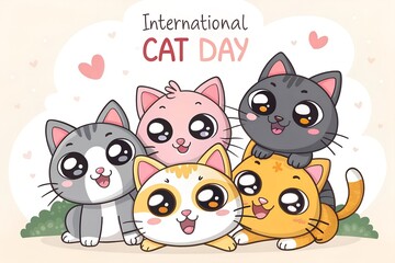 Fototapeta premium A charming hand-drawn illustration celebrating International Cat Day with a group of five adorable, big-eyed kawaii kittens. genrative ai