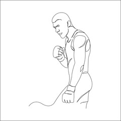 Line art illustration of a muscular MMA fighter in a focused stance with clenched fists, wearing gloves and a tank top, ready for combat.