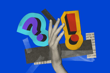 Trend artwork sketch design montage 3D collage of one hand gesture up silhouette sticker question attention exclamation sign important