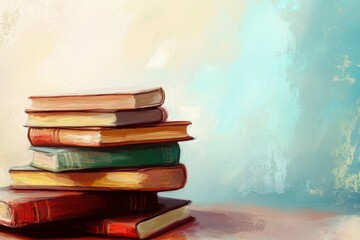 A vibrant stack of colorful books resting on a wooden surface with a soft, blurred background