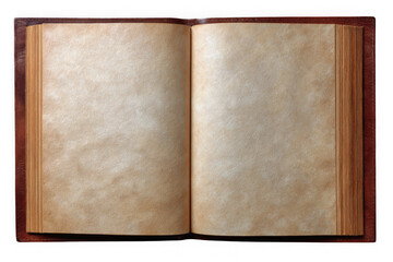 Antique open book with blank aged parchment pages isolated on transparent background