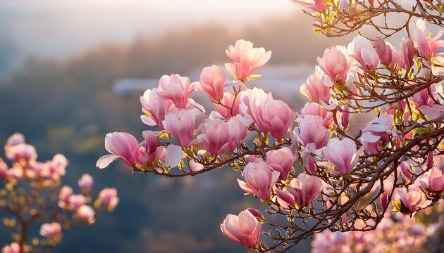 blooming magnolia tree branches showcase vibrant pink flowers in early spring sunshine - Powered by Adobe