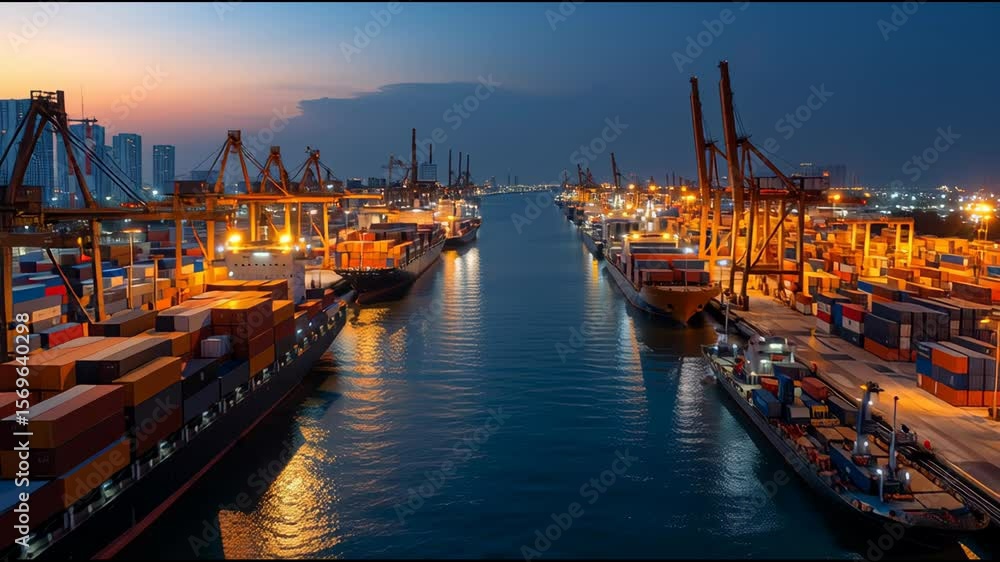 Poster evening view of a busy shipping port with illuminated container ships and cranes reflecting on water