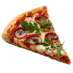 Savory Slice of Pepperoni Pizza Topped with Fresh Arugula and Herbs on a White Background for Food Photography transparent background