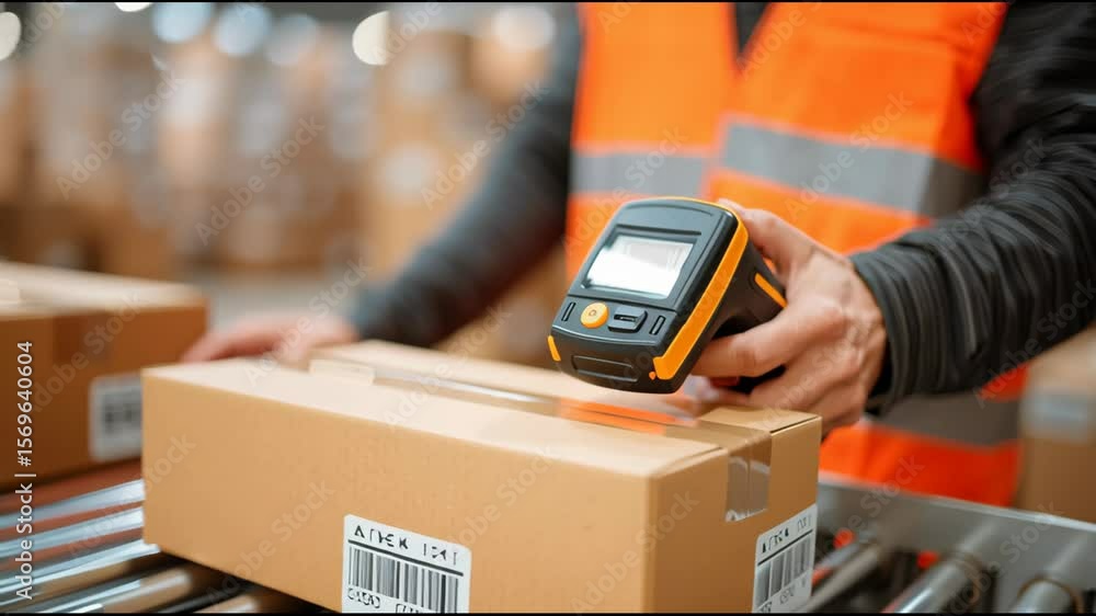 Poster warehouse worker scanning package with handheld device in logistics center during order fulfillment 