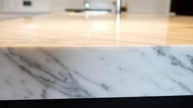 Close up detailed view of polished marble countertop with natural veins in modern interior