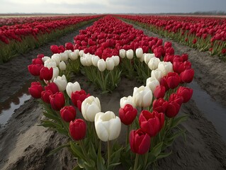 Heart - shaped arrangement of red and white tulips in a tulip field, ideal for romantic or love - themed projects, greetings, and decorations 