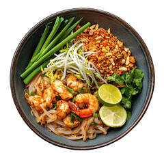 Vibrant Asian Shrimp Dish with Fresh Vegetables and Lime in a Dark Bowl on a White Background transparent background