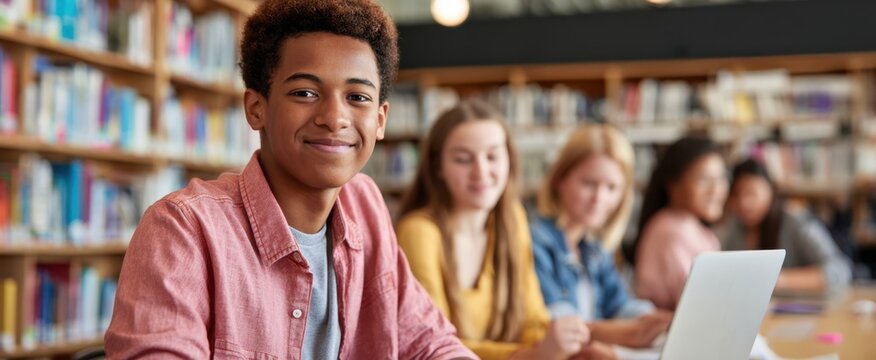The young student smiling at the camera in a vibrant library setting.