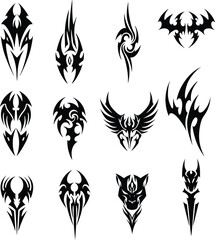 Vibrant collection of diverse tribal tattoo designs, featuring abstract shapes, stylized animals, and intricate patterns – a versatile vector set ideal for body art, gaming motifs, 