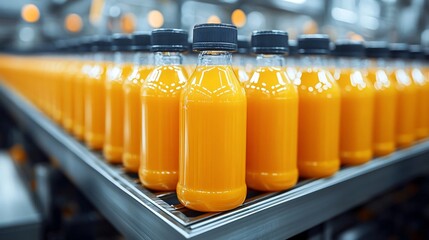 Factory conveyor with rows of orange juice bottles for industrial beverage production and packaging background