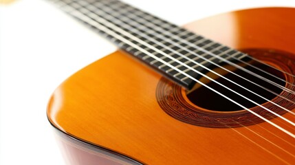 A single acoustic guitar isolated on white, showcasing detailed craftsmanship in a studio setting.