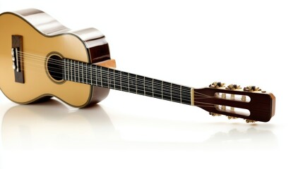 A single acoustic guitar isolated on white, showcasing detailed craftsmanship in a studio setting.
