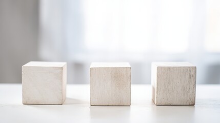 Three blank wooden blocks are arranged side by side, with high detail, minimalist style, soft light, and soft shadow background, showing an aesthetically pleasing and high-quality appearance.