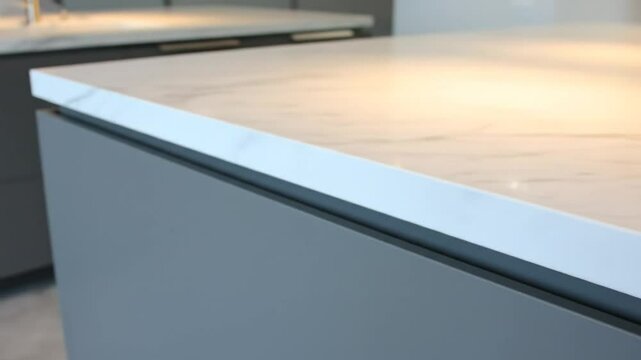 Close up detailed video showcasing modern kitchen marble countertop edge and sleek cabinetry