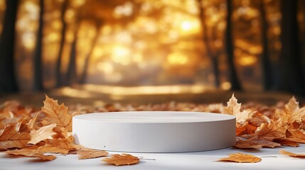 Autumn-themed podium surrounded by fallen leaves with forest backdrop for seasonal product presentation