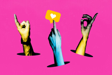 Image full composite zine collage of human hand hold like reaction notification popular blogger...