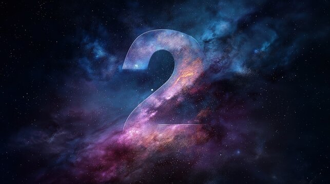 Cosmic - themed number 2 with nebula - like textures set against a star - filled space background, ideal for countdowns, event branding, or digital designs 