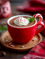Red mug filled with rich hot chocolate topped with whipped cream and crushed peppermint, garnished with mint leaves, placed on a wooden tray with festive decorations in a cozy setting
