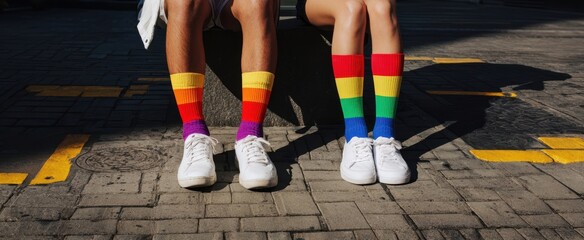 The vibrant rainbow socks of a fashionable couple enjoying summer moments.