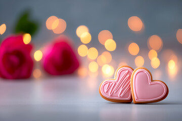 Heart-shaped cookies with pink icing placed on a soft surface, surrounded by blurred roses and warm bokeh lights, creating a romantic atmosphere for celebrations and special occasions