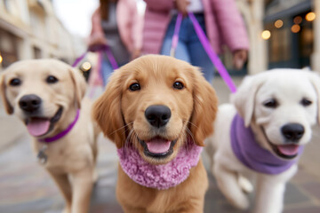 Three adorable puppies, a golden retriever and two labradors, are happily walking on a city street, wearing colorful collars, surrounded by people and shops, embodying joy and companionship