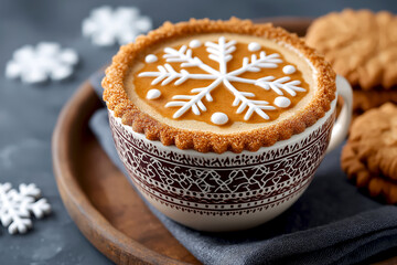 Decorative cup filled with creamy beverage topped with intricate snowflake design, surrounded by gingerbread cookies on a wooden tray, creating a cozy winter atmosphere for festive gatherings
