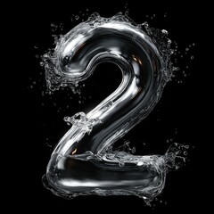 3D - rendered number 2 formed by flowing water with splashes and bubbles, set against a black background, ideal for designs like countdowns, promotions, or digital media projects 