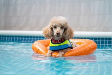 Poodle dog wearing life jacket relaxing on orange float in swimming pool water