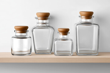 Clear glass storage jars with wooden lids arranged neatly on a wooden shelf against a minimalist background, showcasing modern design and functionality in home organization and decor