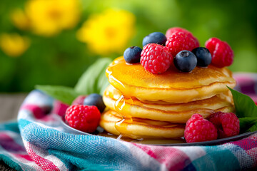 Stack of fluffy pancakes drizzled with syrup, topped with fresh blueberries and raspberries, served on a colorful checkered cloth, surrounded by vibrant greenery and blooming flowers, breakfast food