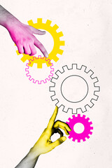 Zine banner vertical photo collage of human hands point gearwheel optimization cog mechanism...