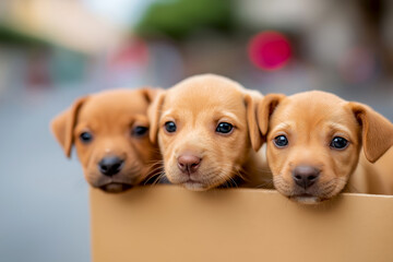 Three adorable puppies with golden fur peeking over a cardboard box, showcasing their playful expressions and curious eyes, creating a heartwarming scene of companionship and innocence