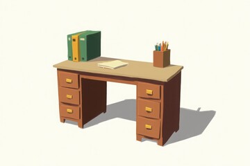 A wooden desk with drawers, stationery, and files, set against a minimalistic background