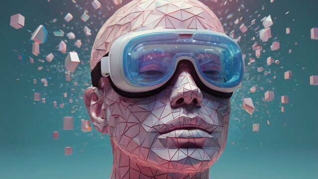 3D-rendered human head floating in soft pastel gel or liquid, with geometric VR/AR goggles, light shadows, and concept of digital immersion or metaverse. - Powered by Adobe