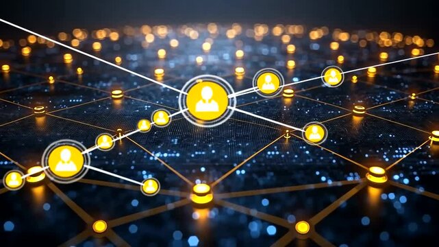 Abstract network of people icons connected by lines, symbolizing teamwork and collaboration - Powered by Adobe