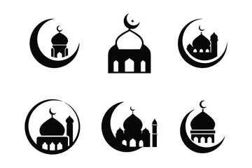 Elegant Monochrome Mosque Icons: Crescent Moon and Dome Designs, Islamic Symbols,  Faith, Spirituality, Ramadan, Eid al-Fitr, Eid al-Adha,  Modern Minimalist Vector Graphics for Branding and Web Desig