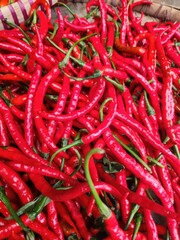 Close-up view of many red chili peppers.