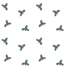  Festive seamless pattern with hand-painted holly leaves and red berries on a clean white background. Bright and cheerful design ideal for Christmas wrapping, cards, or seasonal fabrics.