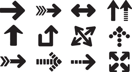 Collection of black directional arrows and symbols navigation pointer