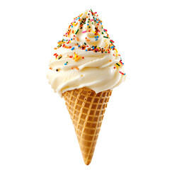 Delicious vanilla soft serve ice cream cone with colorful sprinkles isolated on transparent background