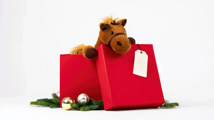 Christmas gift bag 2026, plush horse toy, red holiday packaging, festive decoration, seasonal present, cute stuffed animal, white background, greeting concept, celebration scene, winter surprise