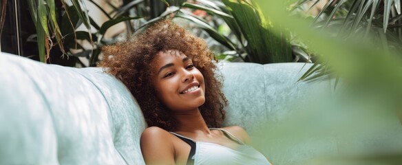 The joyful woman relaxing on a stylish couch surrounded by lush greenery.