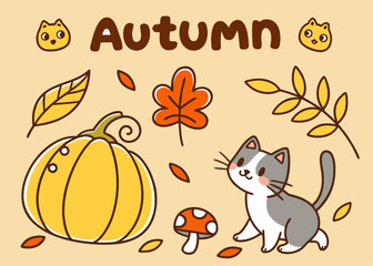 Adorable Autumn Illustration Featuring a Cute Cat Pumpkin Leaves Mushroom and the Word Autumn in a Playful Font
